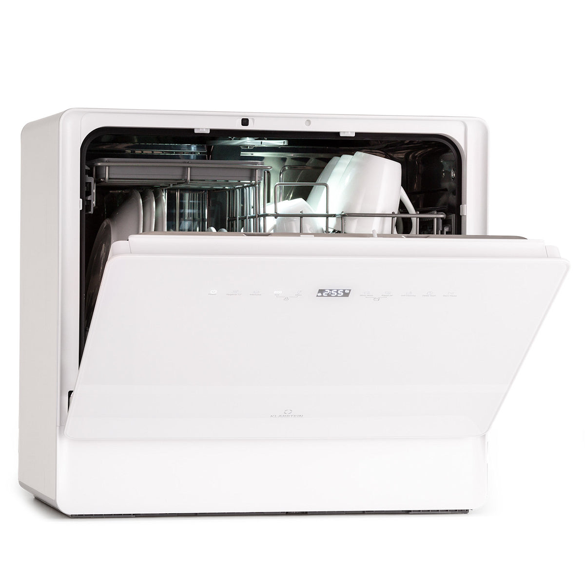Klarstein Emerald 5 slim countertop dishwasher, front view, door open