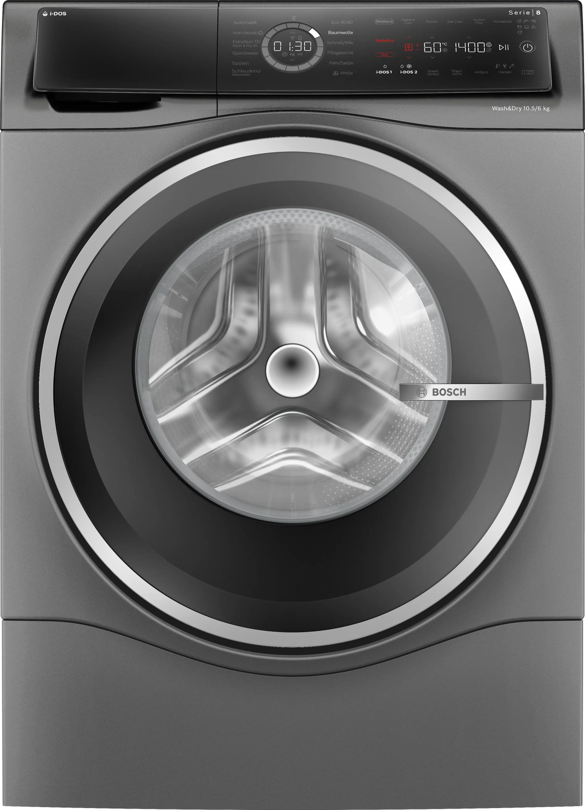 Bosch WNC254AS0, grey washer dryer, front view